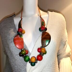 VTG Boho Chunky Wooden Bead & Dyed Shell Statement Necklace Tropical Multicolor